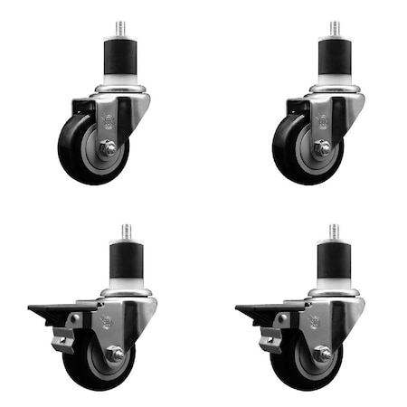 Service Caster 3'' Black Poly Wheel Swivel 1-7/8'' Expanding Stem Caster Set 2 Brakes, 4PK SCC-EX20S314-PPUB-BLK-2-PLB-2-178